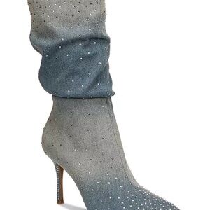 Thalia Sodi Women's Raquell Slouch Pointed-Toe Embellished Denim Dress Boots 6.5